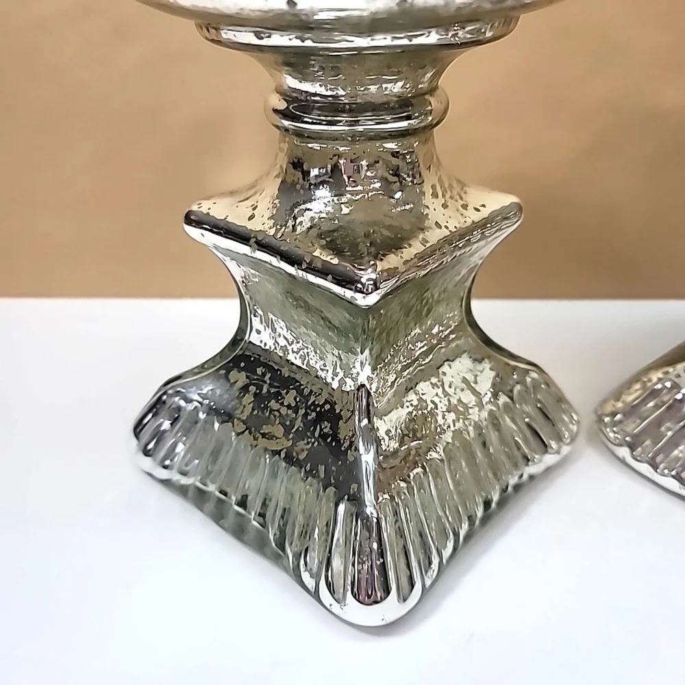 Pair Of Mercury Glass‎ Pillar Candle Holders 7.25” Tall-Square Base